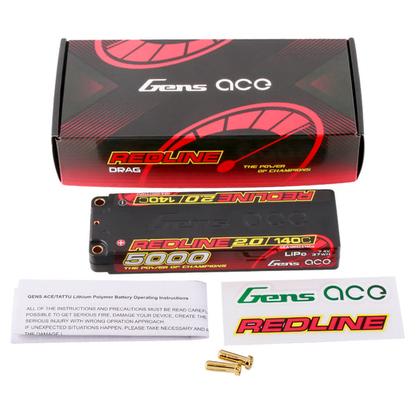Gens Ace 5000mAh 2S 7.4V 140C HardCase 56# Redline 2.0 Series Lipo Battery 5MM