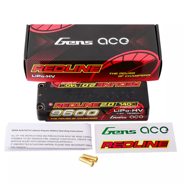 Gens Ace 9600mAh 7.6V 140C HardCase 2S Lipo Battery 5.0mm Bullet For 1/10 RC Car