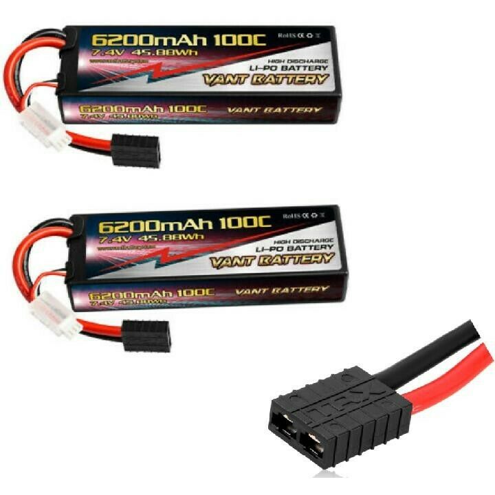 2 pack VANT 6200mAh 2S 7.4 100C LiPo Battery Traxxas PLUG POWER HOBBY GENS ACE