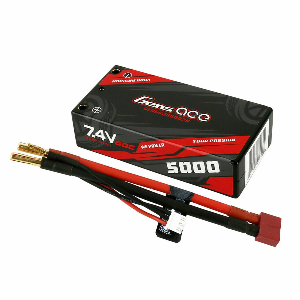 Gens Ace 5000mAh 7.4V 60C 2S HardCase Lipo Battery Shorty Pack With De ...