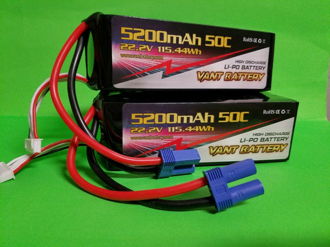 2 PACK VANT 6S 22.2V 5200mAh 50C Lipo Battery w EC5 Plug GENS ACE LECTRON ARRMA