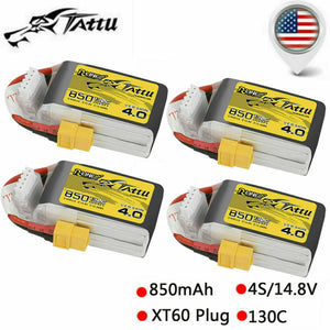 4x Tattu R-Line Version 4.0 850mAh 14.8V 130C 4S Lipo Battery Pack W/ XT60 Plug