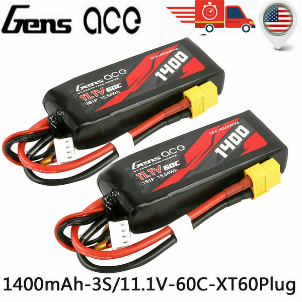 2X Gens Ace 1400mAh 11.1V 60C 3S Lipo Battery W/ ADAPTER 1/16 Traxxas 2823X REVO