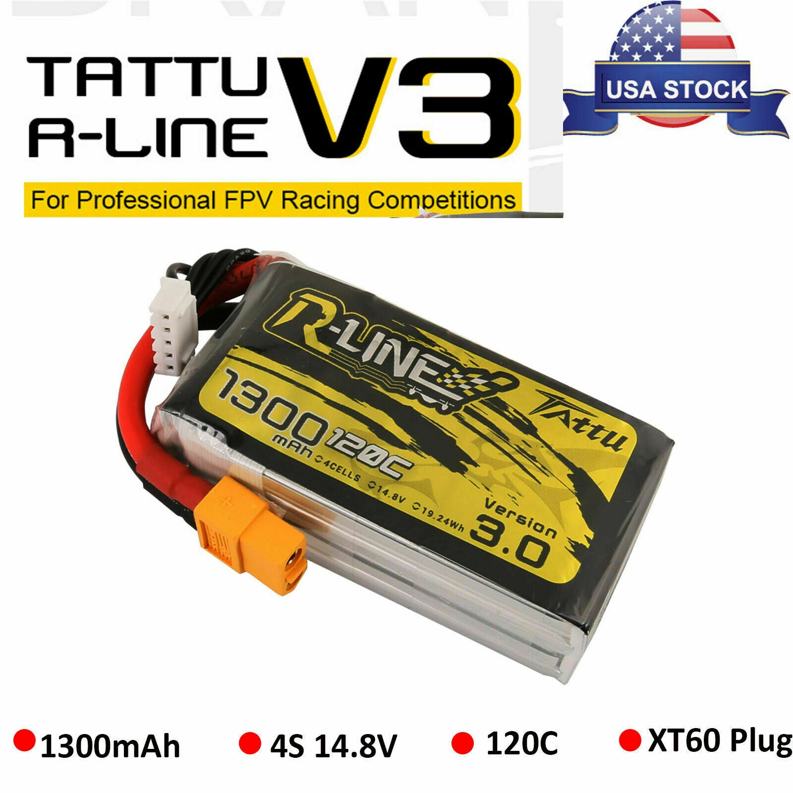 Tattu 1300mAh 14.8V 120C 4S Lipo Battery XT60 Plug For Racing FPV RC Drone Quad