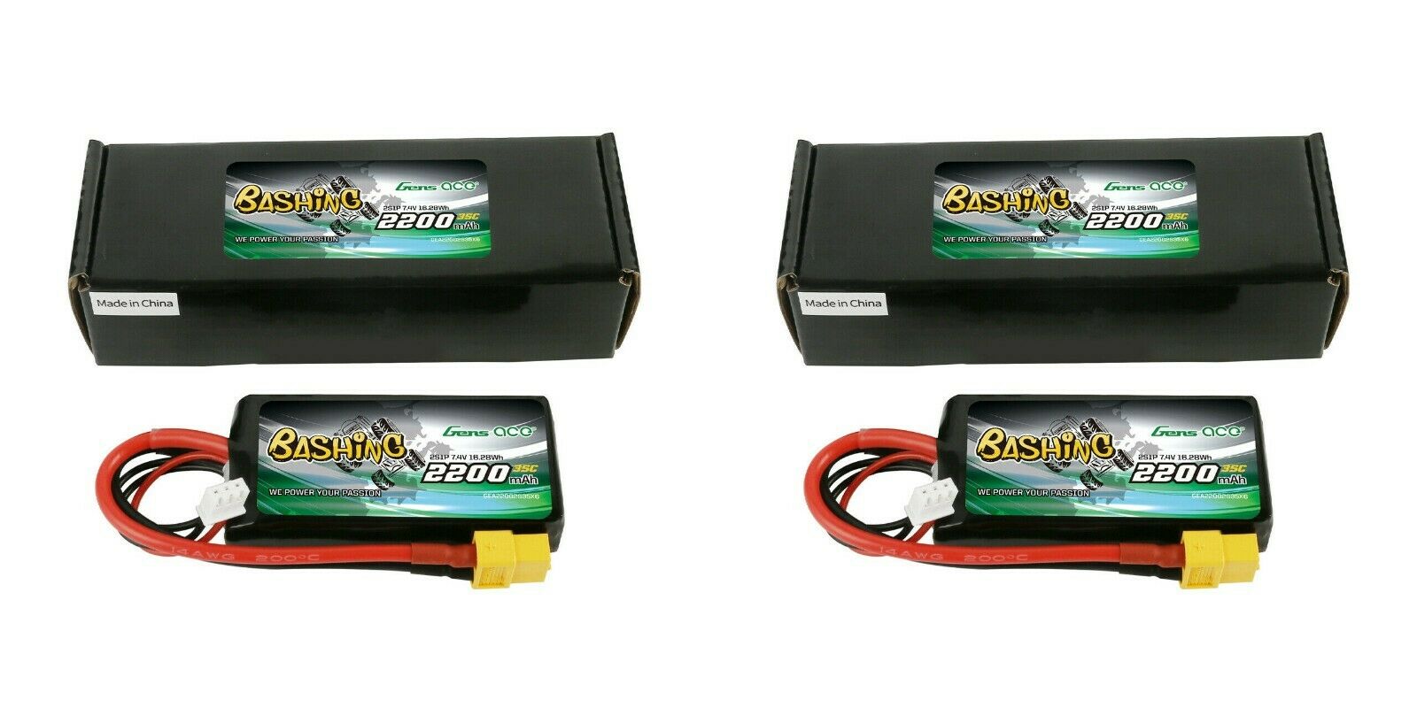 2X Gens Ace 2200mAh 7.4V 35C 2S Lipo RC Battery XT60 TRAXXAS adaptors 1/16 2820x
