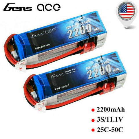 2X Gens ace 2200mAh 3S 11.1V 25C Lipo Battery Pack Deans Plug For Heli Airplane