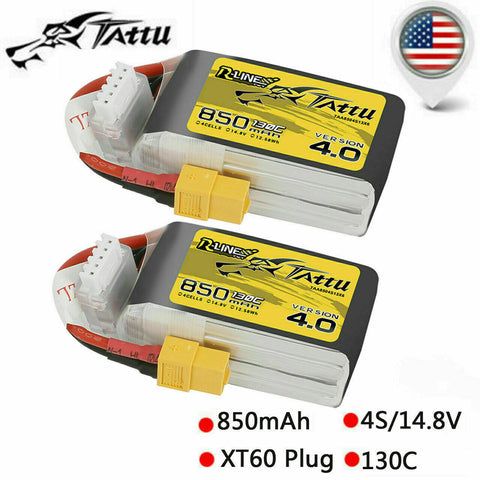 2x Tattu R-Line Version 4.0 850mAh 14.8V 130C 4S Lipo Battery Pack W/ XT60 Plug