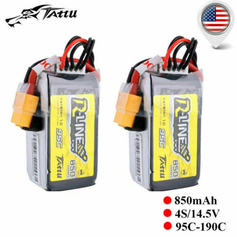 2X Tattu 850mAh 14.8V 95C-190C 4S Lipo Battery Pack XT30 For Small Size FFV Race